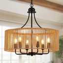 21.8" Black Rattan Chandelier, 6-Light Wicker Drum Light Fixture, Large