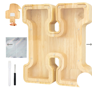 Bitreeworks Letter Piggy Bank, Personalized Wooden Coin Banks, Large Wood Money Penny Bank for Adults (9", Alphabet H)