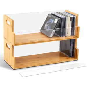 CroBlissful 2 Set Wooden Cd Storage Box Display Holder Shelf Bamboo & acrylic Visible Racks with Carrying Handles, Cassette Tape Organizer Shelf for Movie Case, Store up to 60 Pcs Cds