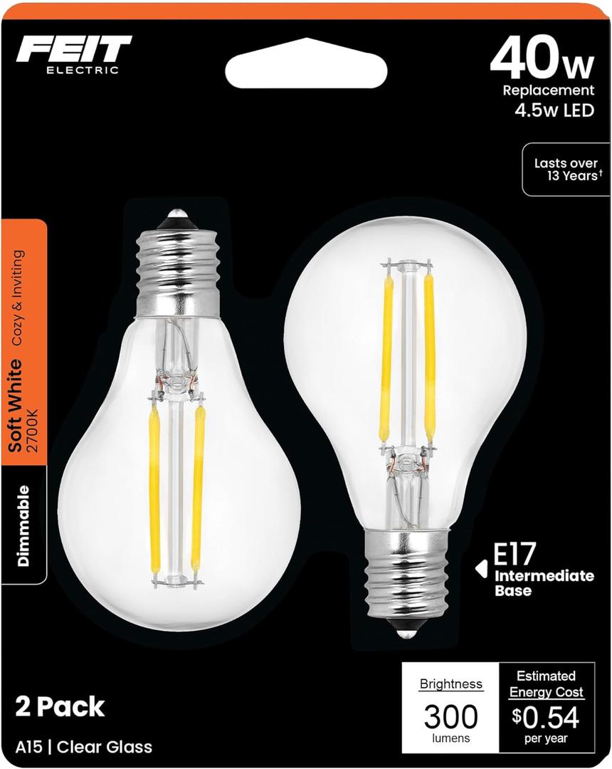 Feit Electric BPA1540N/827/LED/2 Decorative Clear Glass Filament LED Dimmable 40W Equivalent Classic A15 Light Bulb (Pack of 2), Soft White