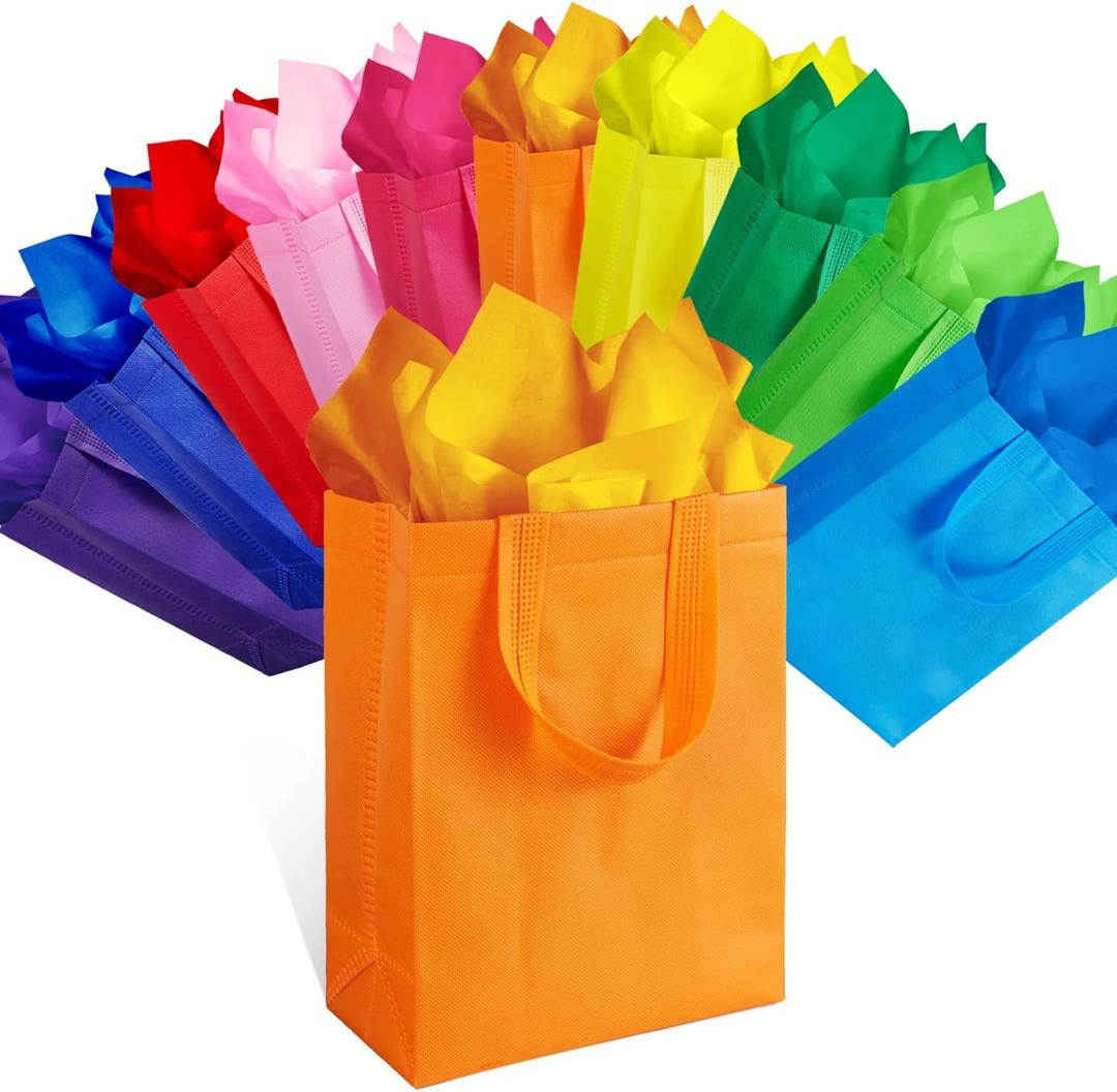 SPERPAND 30 Pcs Reusable Gift Bags with Handles and Tissues - Party Favor Bags Non-Woven Medium Tote Goodie Bags for Kids Birthday, Baby Shower, Rainbow Party Supplies (10 Colors)