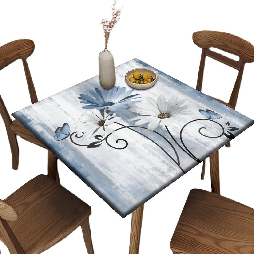 Elastic Edge Fitted Square Tablecloth, Farm Blue Daisy Floral Flowers and Butterfly Polyester Table Cloth, for Indoor Restaurant or Outdoor Patio Party Dining, Fit for 36" x 36"Square Table