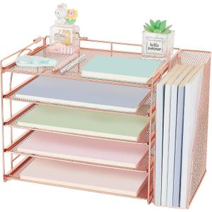 AUPSEN Rose Gold Desk Accessories Organizer,5-Tier Desktop Paper File Organizer with Adjustable File Holder, Office Desk Accessories for Office Supplies