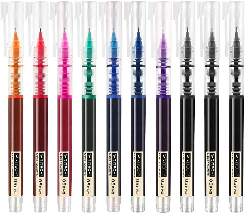 WRITECH Rolling Ball Quick Dry 0.5 mm Extra Fine Point 10 Pcs Liquid Rollerball Multicolor (Multicolor)