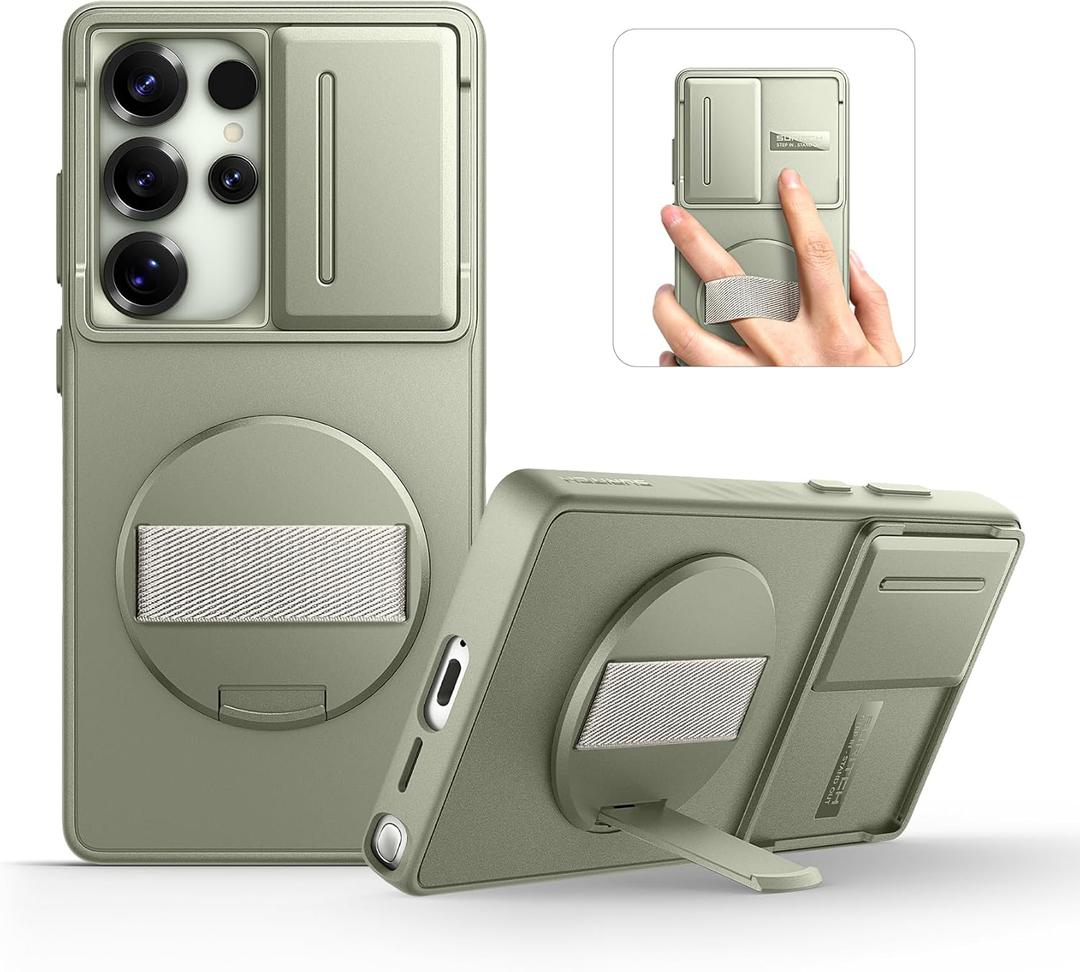 SURITCH for Samsung Galaxy S25 Ultra Case with 360 Rotatable Finger Strap Phone Grip & Invisible Kickstand & Slide Camera Cover, Rugged Shockproof Protective Cover for S25 Ultra -Sage Green