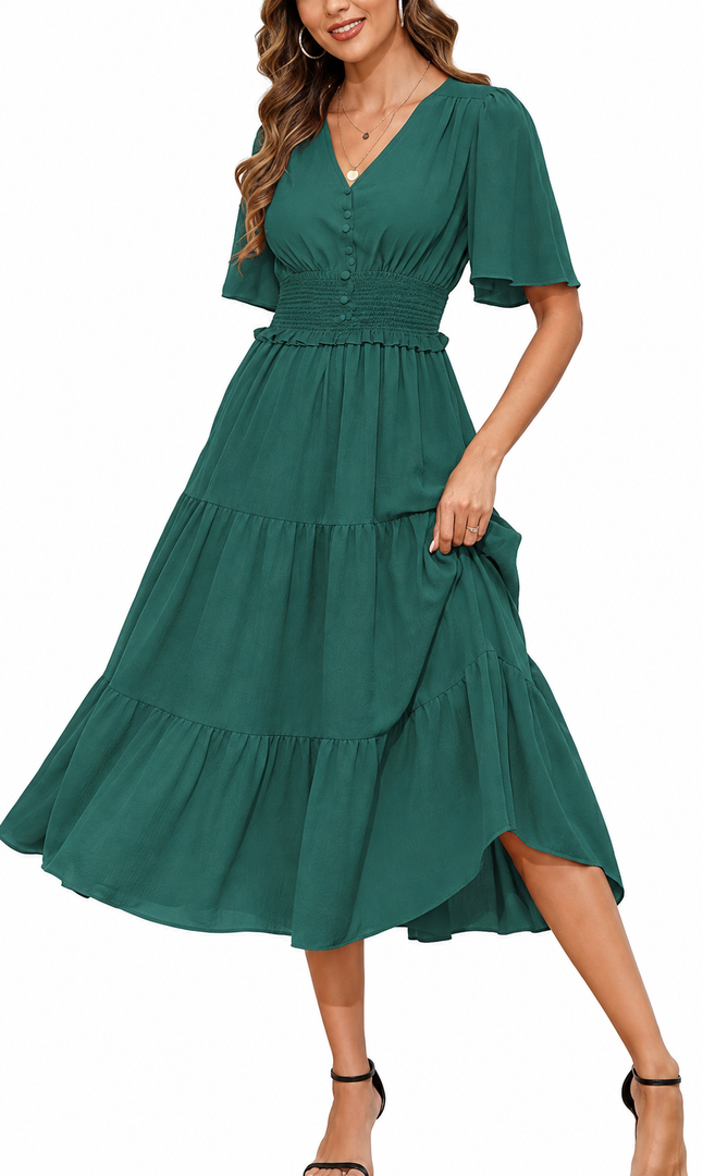 Kormei Women's Boho Smocked Long Flowy Summer Dress Wedding Guest Dresses, Large
