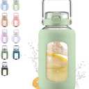 WINSA 84oz Glass Water Bottle with Stainless Steel Handle,2.5L Gallon Water Bottle with 2-IN-1 Straw Lid, Silicone Sleeve and Motivational Capacity Marker, Wide Mouth Water Jug For Gym, Workout, Green