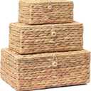 LUSYDECO Set of 3 Wicker Storage Baskets with Lid, Large Rectangular Rattan Basket Decorative Boxes, Natural Water Hyacinth Wicker Basket for Shelf Organizer, Nursery Room