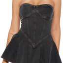 Women's Summer Strapless Denim Mini Dress with A-Line Design and Plated Bustier Corset (Black, XS)