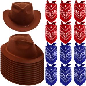 Haysandy 24 Pieces Western Cowboy Hat Set, Felt Cowboy Themed Party Hats with Paisley Bandanas for Kids Costume Party (Brown, Red, Blue)