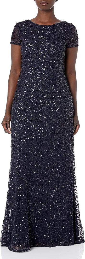 Adrianna Papell Women's Short-Sleeve All Over Sequin Gown (14, Navy)