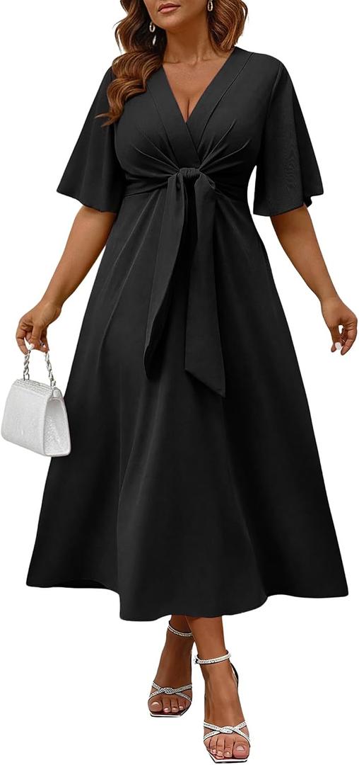 Ekaliy Women's Elegant Wedding Guest Dress Adjustable Tie Front V Neck Ruffle Sleeve A Line Formal Maxi Church Dresses (M)