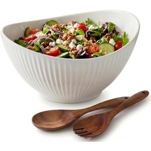 60oz Large Ceramic Salad Bowl with Acacia Wood Utensils, 10" Oval White Serving Bowl for Soup, Pasta, Fruit, Snacks Mixing Bowls for Entertaining, Party, Kitchen, Dinner Housewarming Gift
