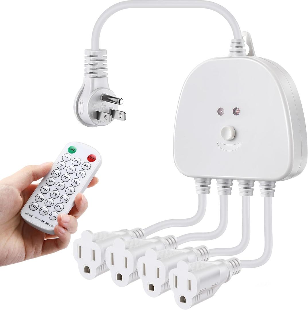 Christmas Light Controller with Remote, Multiple Lighting Effects, Timer, Dusk to Dawn Sensor Control, for Indoor Outdoor Holiday Xmas Lights, Waterproof (4 Channel/14 Functions,White)