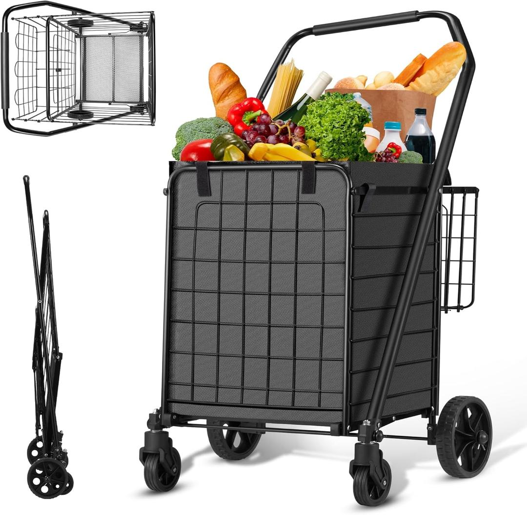 HABUTWAY Grocery Cart on Wheels for Groceries, Folding Shopping Carts with Liner, 110LBS Large Capacity Jumbo Grocery Cart with Dual Basket, 360 Rolling Laundry Cart, Lightweight Trolley for Senior