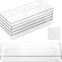 6 Pcs Large Clear Plastic Drawer Organizers Tray 15" x 6.3" Storage Bins with 25 Pcs Non-Slip Pads for Makeup, Jewelries, Kitchen Utensils, Bathroom and Office