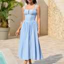 KUTUMAI Women Summer Corset Midi Dress Floral Lace Smocked Flowy A Line Wedding Guest Bridal Shower Dresses with Pockets Blue XL