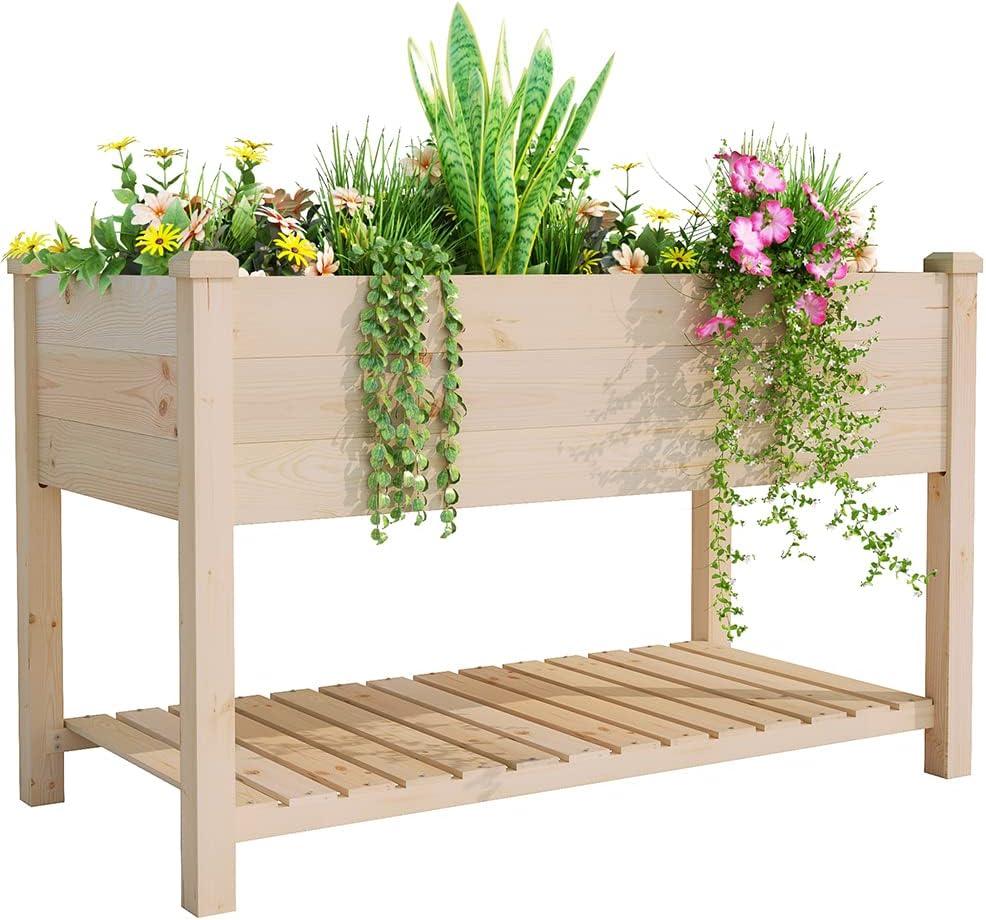 BIRASIL Outdoor Wood Raised Garden Bed, Elevated Reinforced Large Planter Box with Storage Shelf for Vegetable Flower Backyard Patio Gardening Balcony (48L, Natural Wood)