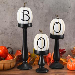 Set of 3 Lettered White Pumpkins on Candleholders Halloween Home Decorations Indoor Boo Pumpkins for Fall Autumn Home Decoration