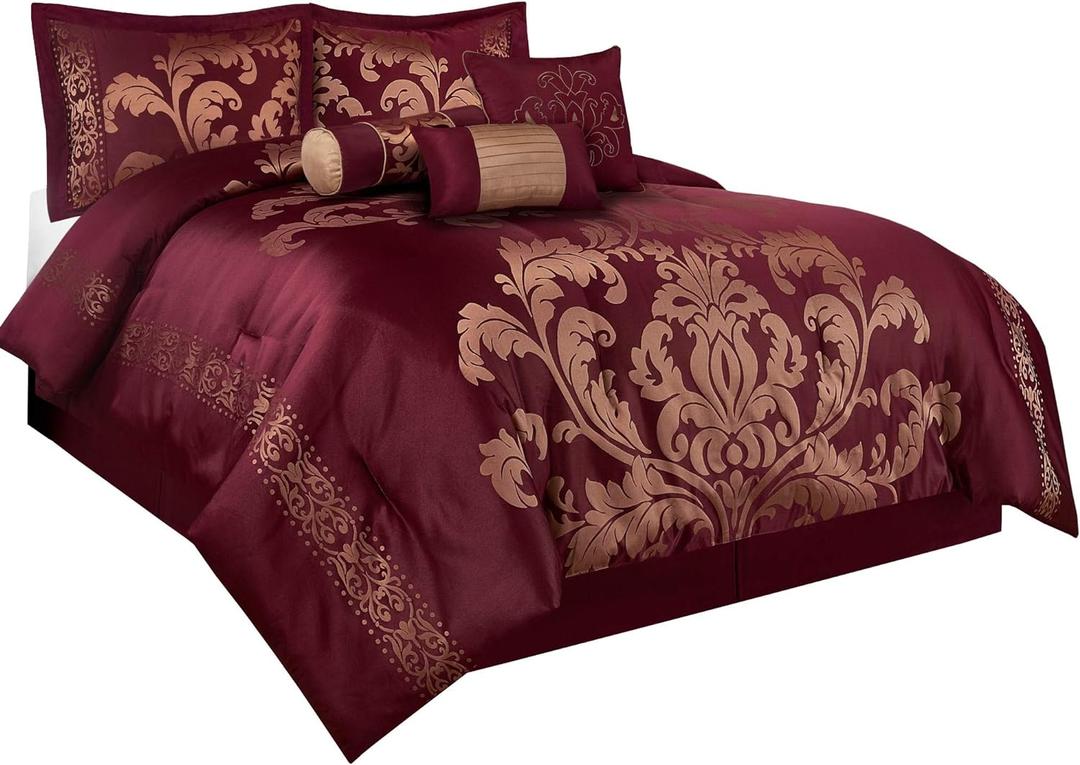 Chezmoi Collection 7-Piece Jacquard Floral Comforter Set (Queen, Maroon)