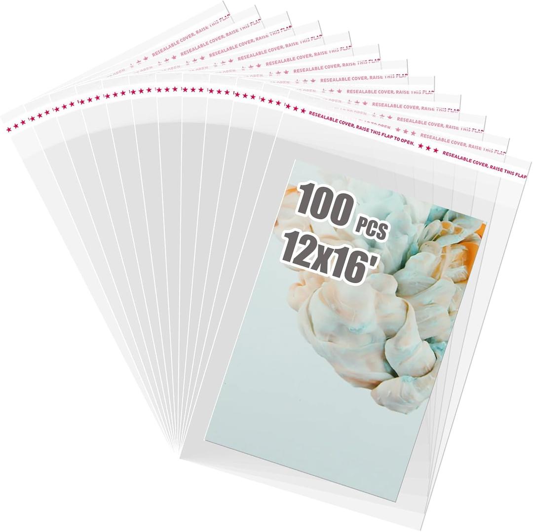 Egofine Self Sealing Cellophane Bags 100 PCS Clear Resealable Sleeves Bags for 12x16 Photo Mats (Bag Size: 12.01x16.02 inches for 12x16 Mats)