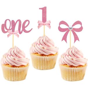 24Pcs Pink Bow 1st Birthday Cupcake Toppers, Pink Bow Theme Cupcake Topper for First Birthday Decorations Girl Baby Shower Cake Decorations (1st)