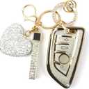 Key Fob Cover with Diamond Keychain Car Key Holder Case Compatible with BMW X1 X2 X3 X5 X6 X7 GT and 2 5 6 7 Series Smart Remote Key Protector for Women, 3 Buttons (White-Heart)