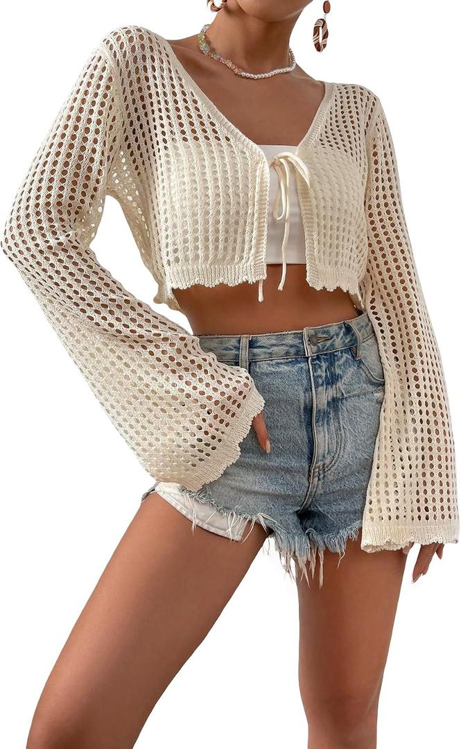 SHENHE Women's Crochet Cardigan Tie Front Tops Boho Bell Long Sleeve Lightweight Cover Up (Beige, M)