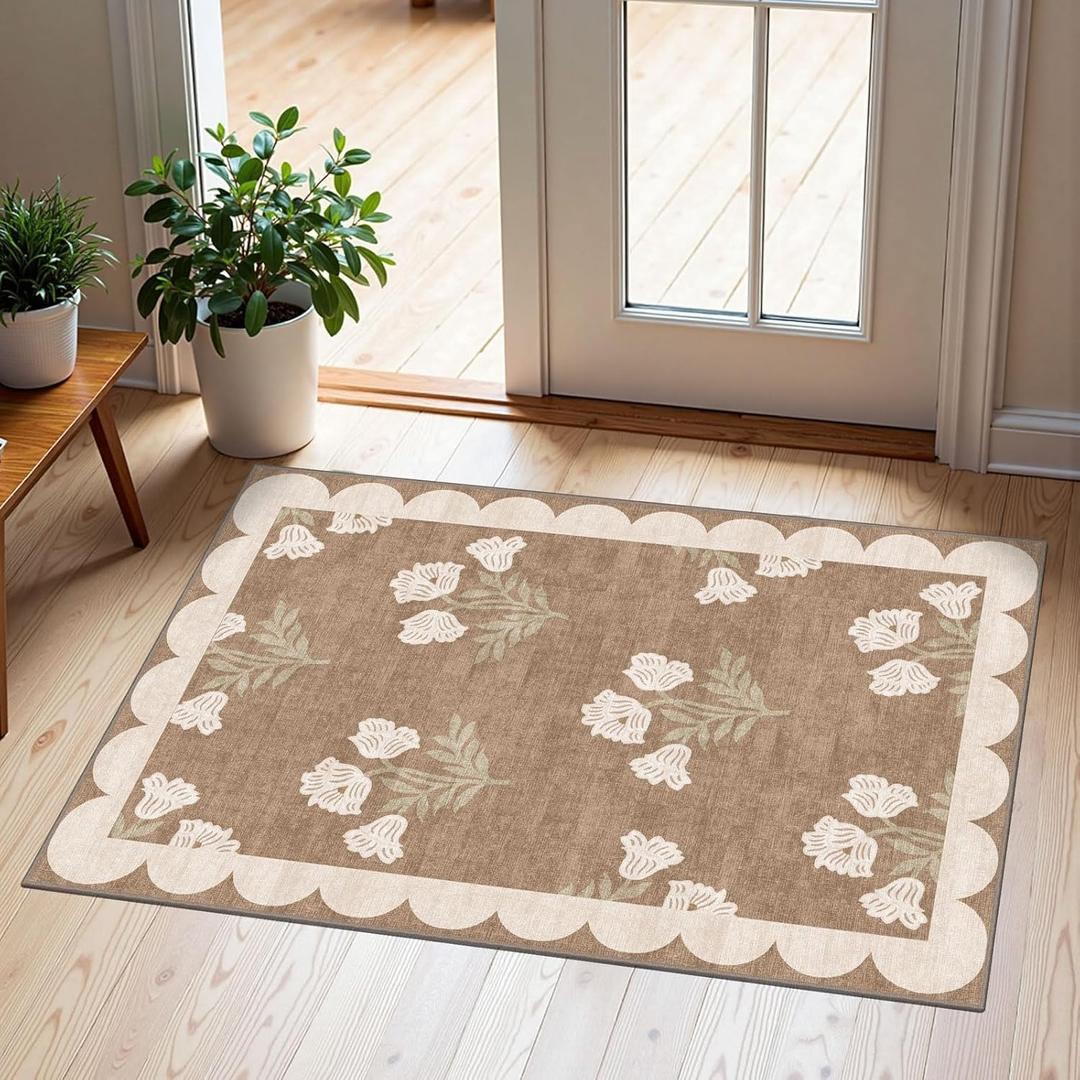 Front Door Mat Outside Entrance - 2x3 Floral Non-Slip Washable Doormat Indoor Outdoor Mat Tan Neutral Farmhouse Scalloped Entry Rug Small Throw Rugs for Entryway Kitchen Front Porch Decor (Flower - Brown)