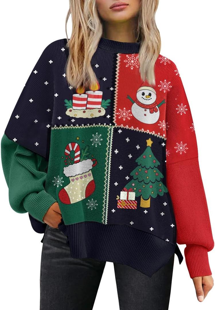 LILLUSORY Women's Oversized Batwing Sweaters 2026 Fall Outfits Trendy Crewneck Knit Side Slit Fashion Pullover Tops (Medium, Red Green)