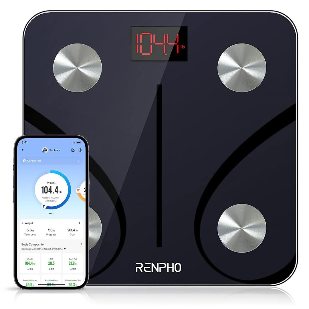 RENPHO Bluetooth Body Fat Scale, Digital Weight Scale Bathroom Smart Body Composition Analyzer Wireless BMI Compact Scale Health Monitor with Smartphone APP, 396 lbs (10.2"/260mm, Grey-Black)