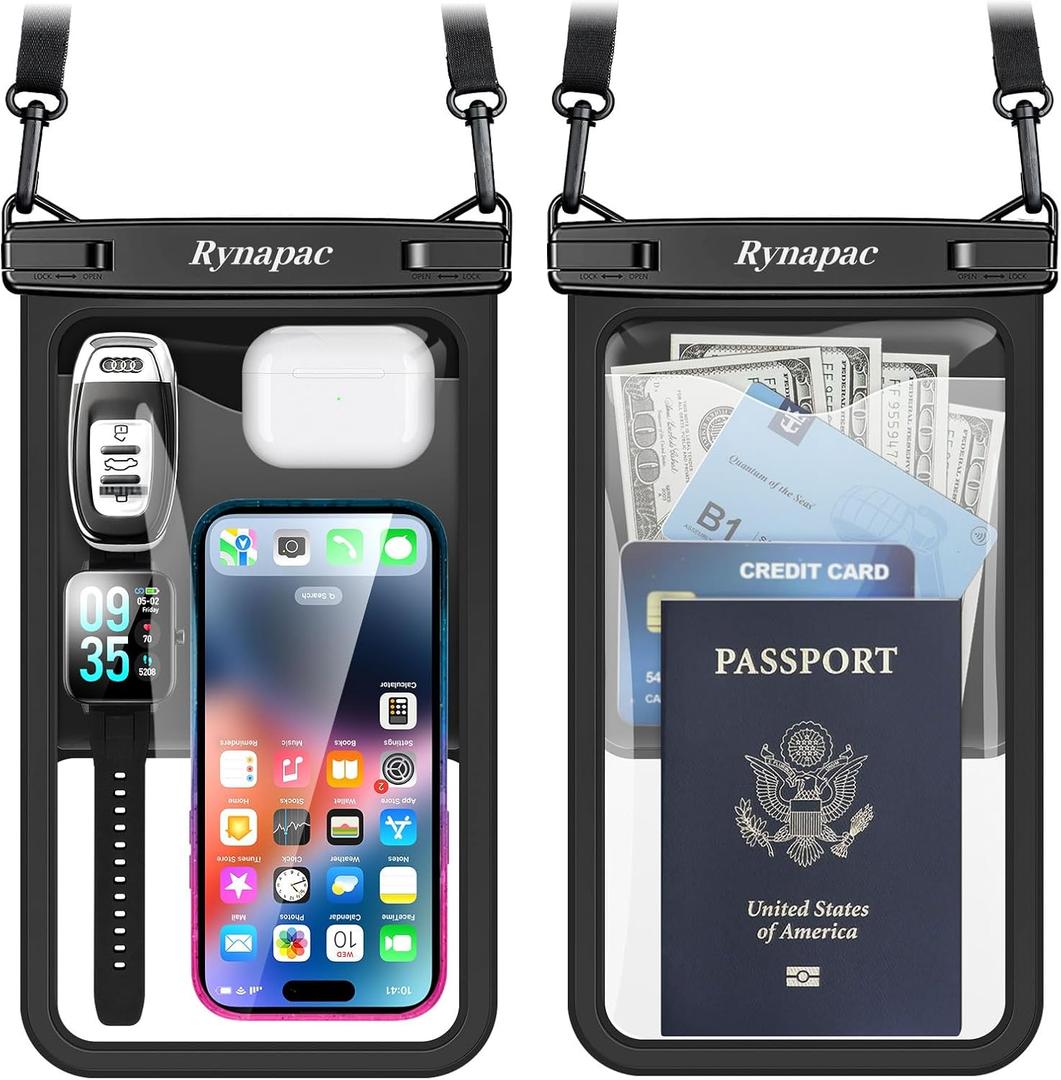 [Up to 10"] Large Waterproof Phone Pouch Bag - 2 Pack Waterproof Phone Case for iPhone 16 15 14 Pro Max Galaxy S24 S23 Ultra, IPX8 Cellphone Water Protector Pouch Beach Essentials Travel Must Haves (Extra Large [10-inch], [Black + Black] Large Waterproof Phone Pouch)