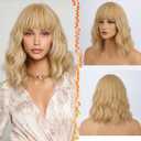 BARSDAR Short Wavy Blonde Wig With Bangs - 14 Inch Short Wavy Bob Bangs Wigs for Women - Soft Wave Synthetic Shoulder Length Tay lor Wigs Daily Halloween - Blonde Mixed
