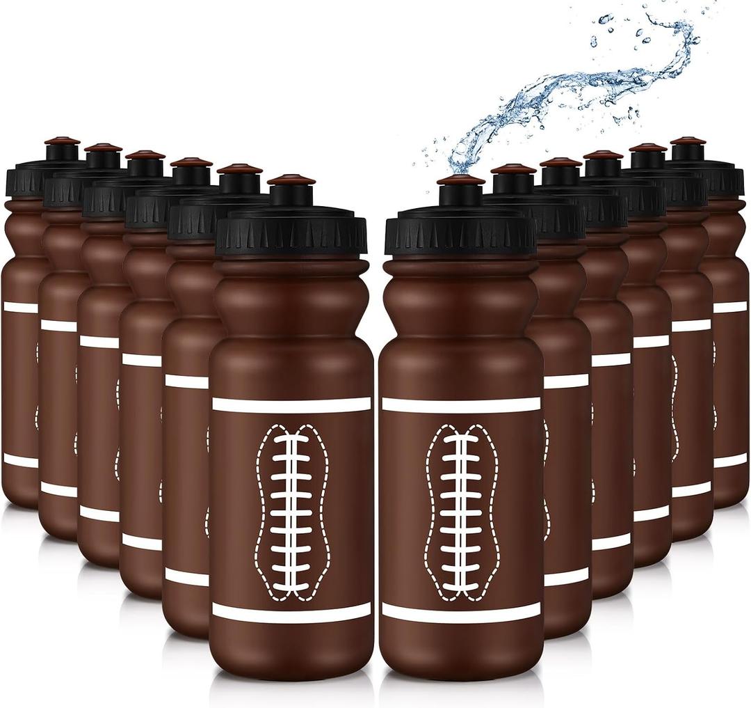 Nitial 12 Pack Water Bottles Bulk 20 oz Reusable Squeeze Water Bottles Plastic Sports Bottle with Pull Top Cap Sports Gifts Tumbler for Travel Gym Sport Party Supplies(Orange,Football)
