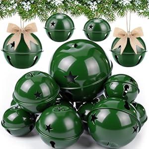 Zhengmy 12 Pack Large Size Christmas Star Cutout Bells Ornament Jumbo Vintage Rustic Metal Sleigh Bell with Plaid Ribbon Jute Twine for Christmas Tree Hanging Holiday Party Farmhouse(Green)