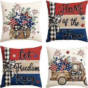 AVOIN colorlife Let Freedom Free Eucalyptus Stars Fireworks Car Throw Pillow Covers, 18 x 18 Inch 4th of July Patriotic Independence Memorial Day USA Flag Cushion Case Decorations Set of 4