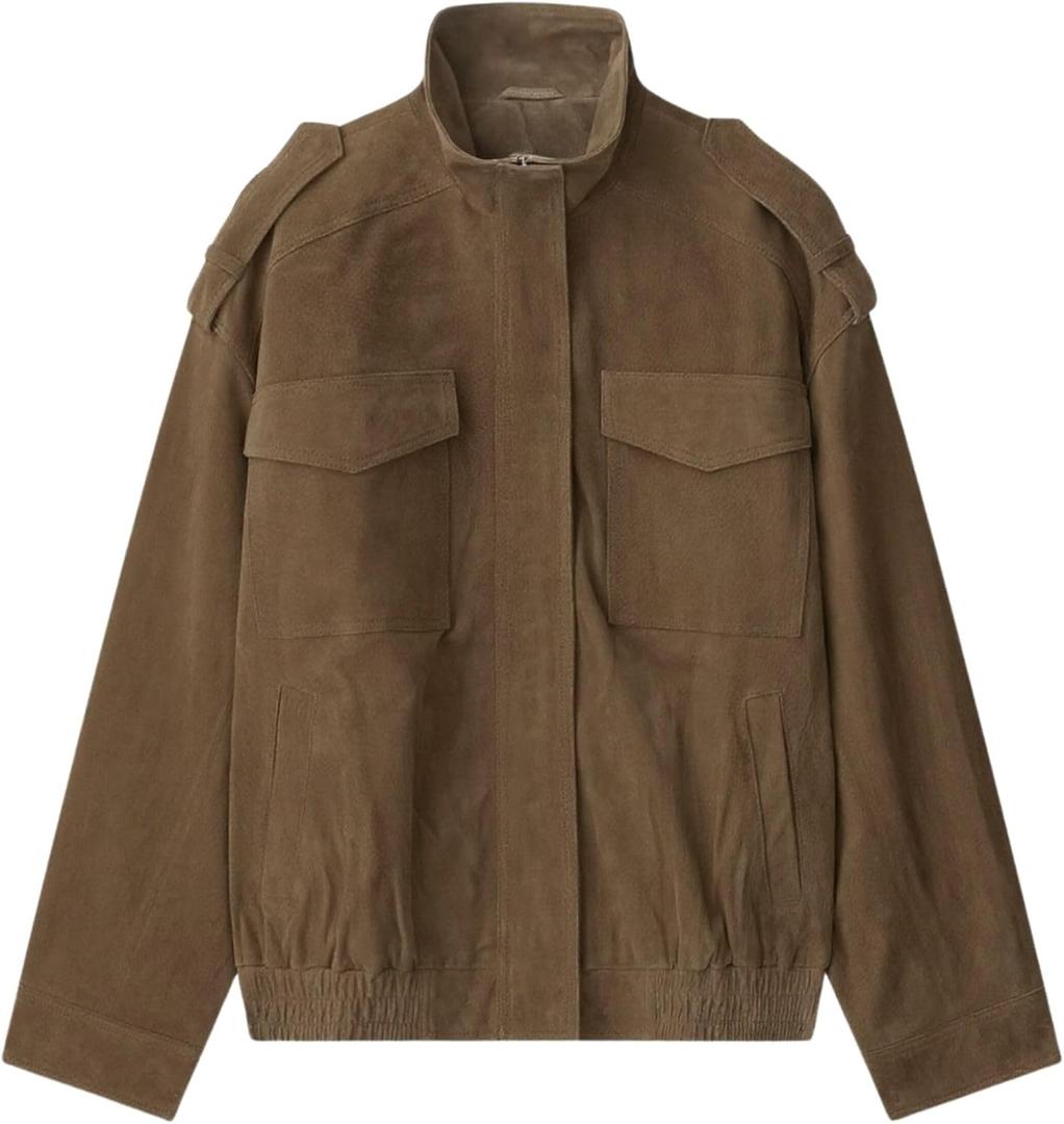 FindThy Womens Suede Leather Jacket Vintage High Collar Long Sleeve Zip Up Oversized Outerwear Coat with Pockets (Medium, Brown)