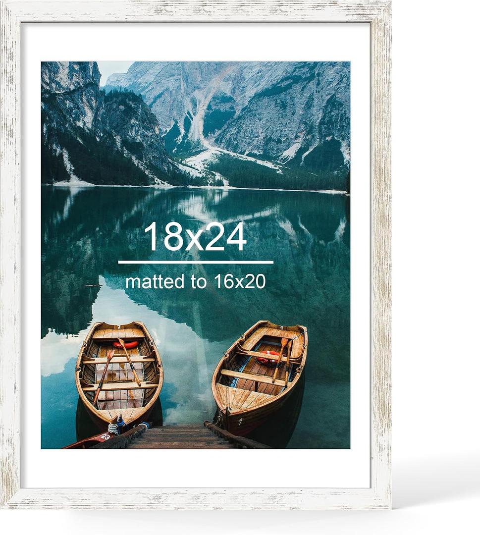 Hongkee 18x24 Frame, Distressed White Wood Style - Display Posters 16 x 20 with Mat or 18x24 without Mat, Wall Mounting Horizontal and Vertical, 1 Pack
