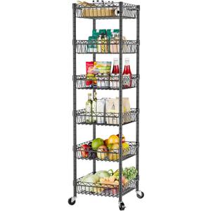 SINGAYE 6 Tier Shelf Wire Rack Shelving with Wheels Metal Storage Shelves Adjustable Closet Bathroom Organizers Baskets Pantry Kitchen Garage Laundry Room 13.5" D x 13.5" W x 63" H Black