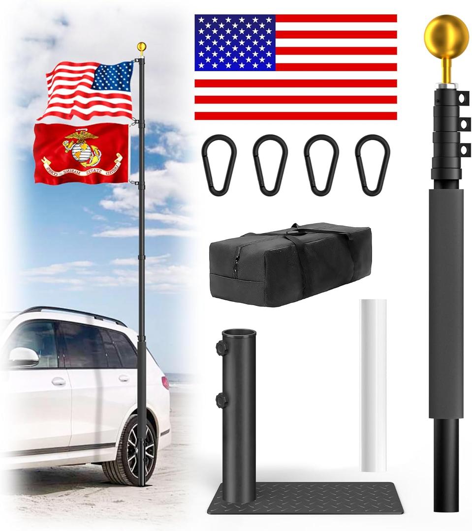 20FT Heavy Duty Tailgate Flag Pole Kit- Portable Telescoping Flag Pole with Tire Mount,Extend the Car Scratch Resistant Protective Cover & US Flag Portable for Camping/Tailgating/Outdoor Party