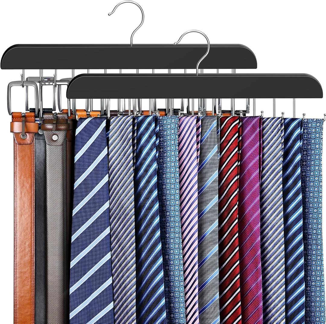2 Pack Tie Rack & Belt Hanger 2 in 1 Tie Hanger Space Saving Max 42 Belts& 60 Ties Capacity for Closet Organizers and Storage, Sturdy Wood Belt & Tie Collection Organizer (Black)