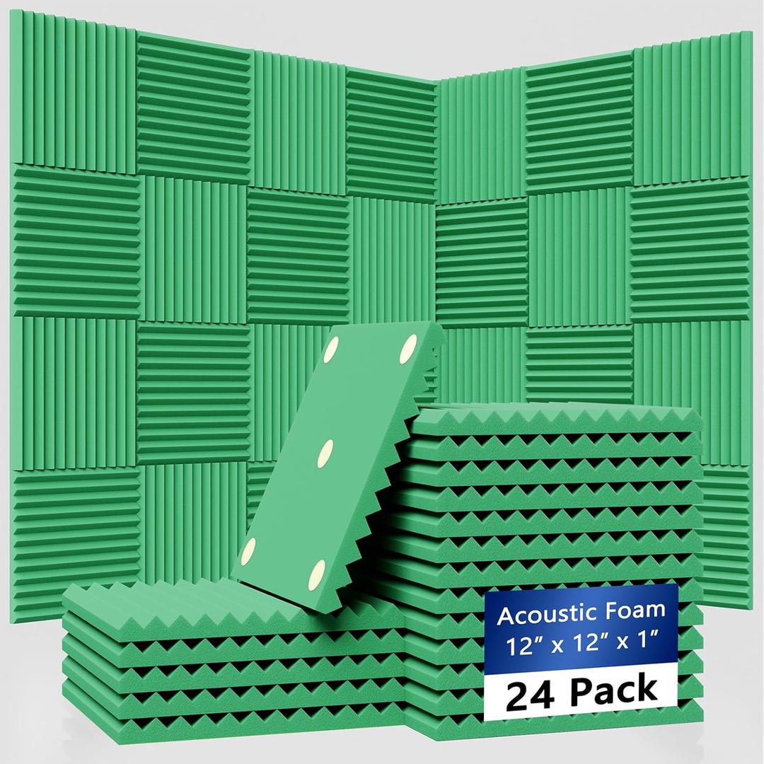 TEMGCUAM 24 Pack Sound Proof Foam Panels | 1"12"12" Quick-Recovery Soundproof Wall Panels | High Density Sound Dampening Panels for Home Studio | With Adhesive Stickers 120PCS (Green)