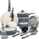 GreenLife 16 Piece Nonstick Cookware Set, Soft Grip Non-Toxic PFAS-Free Ceramic Pots & Pans, Dishwasher & Oven Safe, Frying, Sauce, Saute, Utensils, Glass Lids, Stay-Cool Handles, Wobble Free, Gray (Quartz Grey)