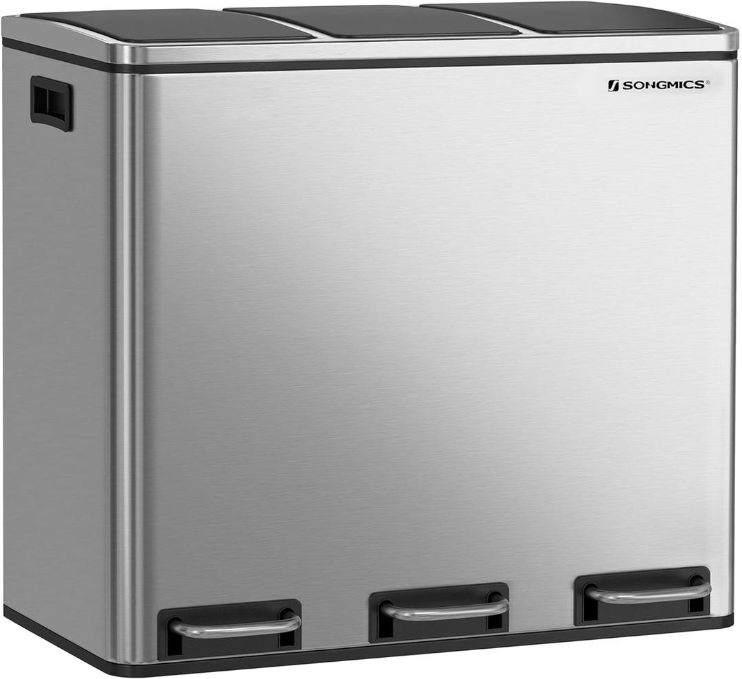 SONGMICS Trash Can, 3 x 4.8 Gallon Garbage Can, 14.4 Gallon Recycle Bin with Soft-Close Lids, Pedals, and Inner Buckets for Kitchen, Stainless Steel, Silver and Black ULTB54NL
