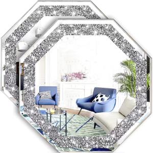 XIHACTY 2 Piece Wall Mirrors Octagon, Crush Diamond Mirrors Wall Decor, Silver Decorative Mirrors for Living Room Decor, Bedroom, Bathroom. (12”x12”)