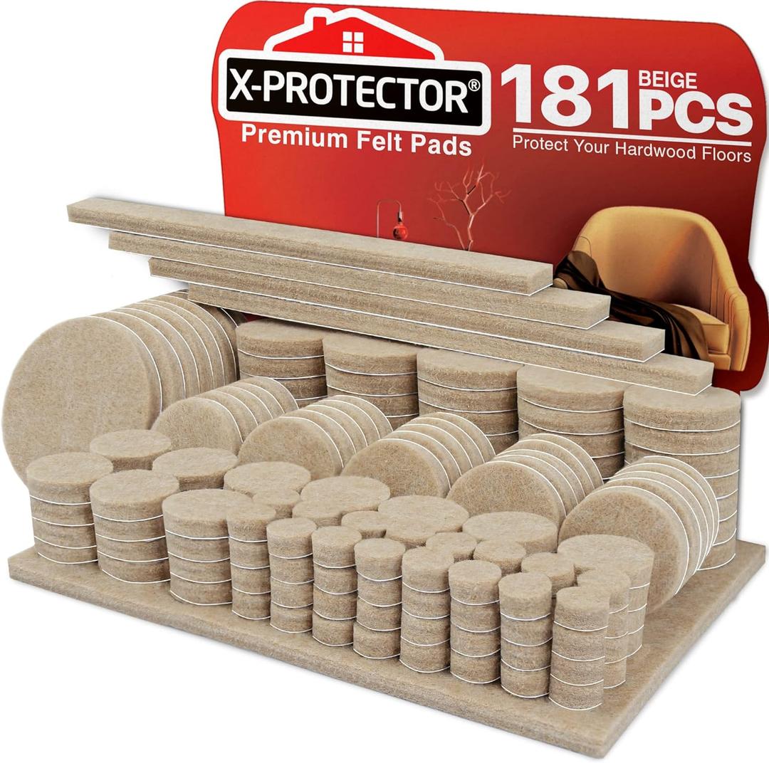 Felt Furniture Pads X-PROTECTOR 181 PCS Premium Furniture Pads - Felt Pads Furniture Feet Best Wood Floor Protectors - Protect Your Hardwood & Laminate Flooring! (181 PCS Beige, Round & Square)