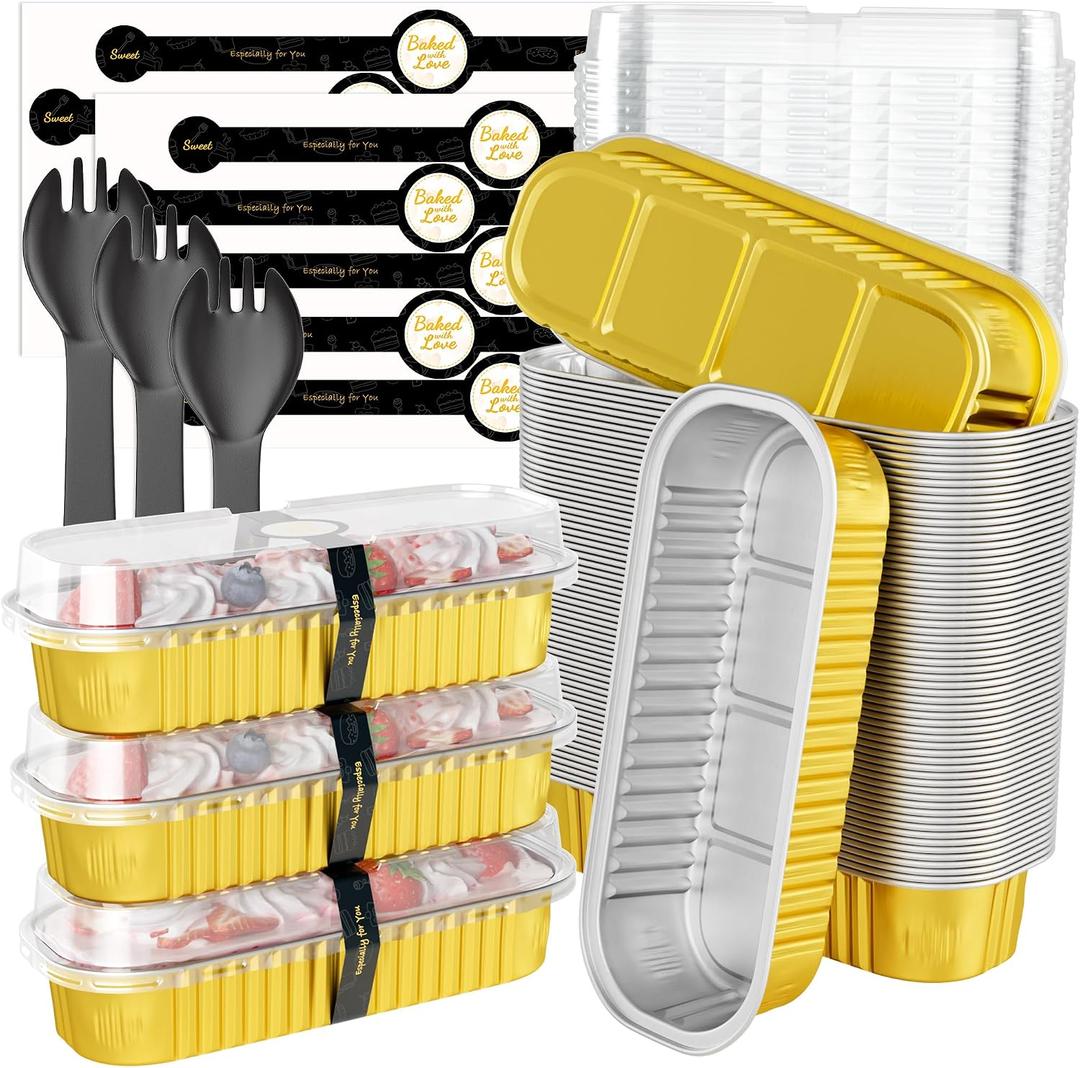 100 Pack Mini Loaf Pans with Lids and Spoons, 6.8oz Mini Cake Pans for Baking, Disposable Rectangle Aluminum Foil Small Loaf Baking Pans Cake Tins, Individual Small Cake Containers with Sticker, Gold
