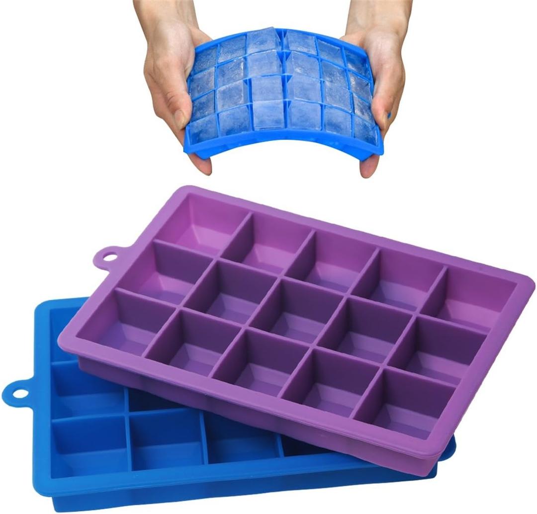 AYI&AYEE Silicone Ice Cube Trays with Lids - 2 Pack - 15 Cavities 1 2/5 inch (2 tbsp / 30ml / 1 fl oz) Square Ice Cubes Baking Molds - BPA free - Easy Release - for Juice, Baby Food, Chocolate & More