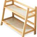Wicker-Look Coffee Station Organizer, Bamboo Mug Holder Countertop, Kitchen Counter Shelf for Tea Coffee Bar Accessories, Matcha Stand, Cup Display, Condiment Storage Rack, 2 Tier