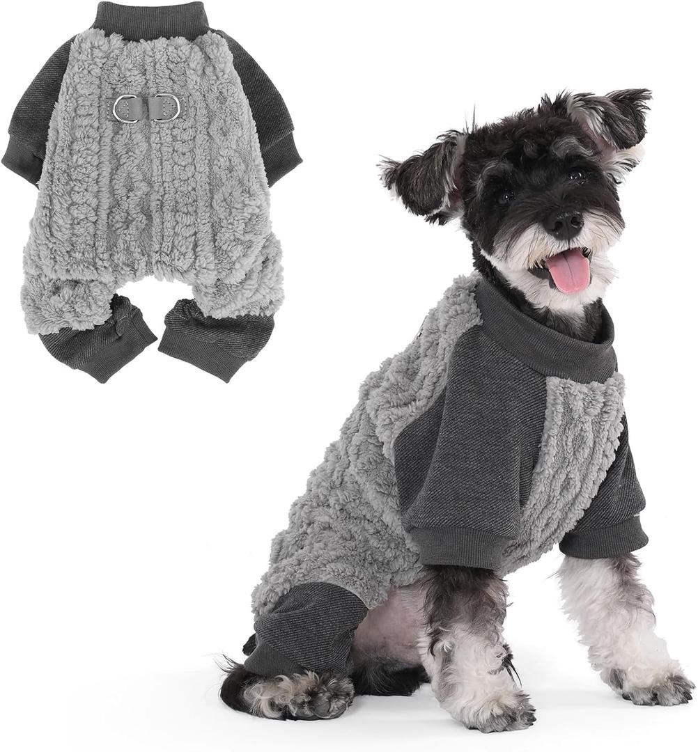 KOOLTAIL Dog Pajamas with Leash D-Ring, Fuzzy Sweater Onesie for Small Dogs, Warm Fleece Pet Jumpsuit Shirt, Lightweight Puppy Cat Pjs Clothes Coat Outfits for Chihuahua, Pitbull, Boy Girl, Gery 2XS